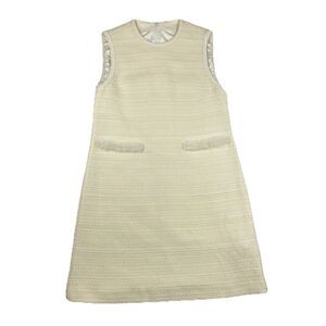 NWT Women’s Tweed Rope Trim Sleeveless Shift Dress Faux Fur Pocket Trim Ivory-L